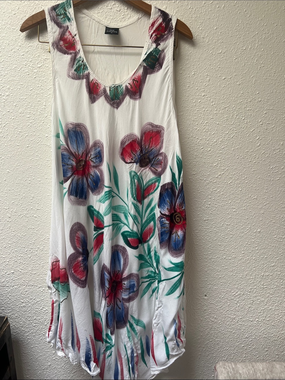 White Sleeveless Floral Midi Dress with Red, Blue & Green Blooms